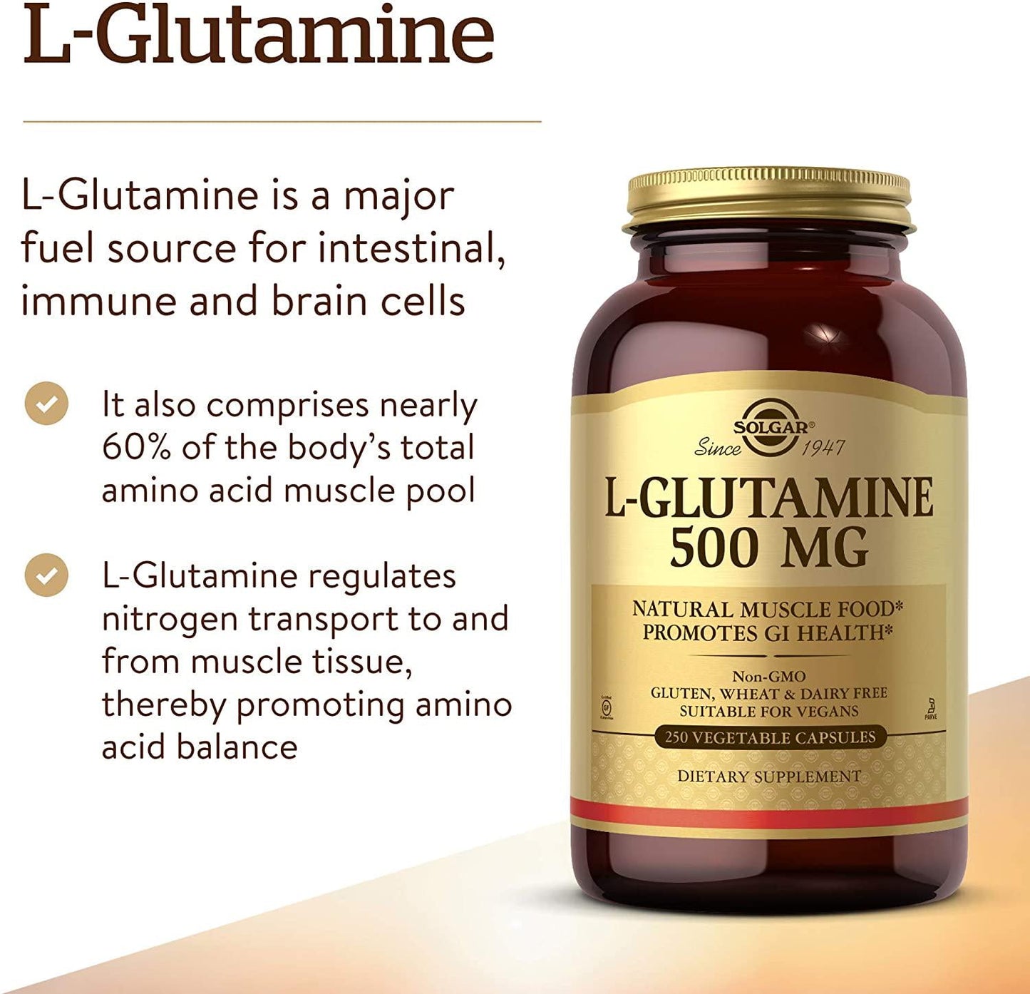 Solgar L-Glutamine 500 mg, 250 Vegetable Capsules - Natural Muscle Food - Promotes Gastrointestinal (GI) Health - Supports Brain Health - Non-GMO, Vegan, Gluten Free, Dairy Free