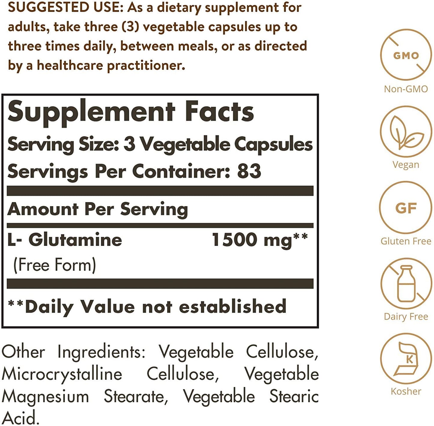 Solgar L-Glutamine 500 mg, 250 Vegetable Capsules - Natural Muscle Food - Promotes Gastrointestinal (GI) Health - Supports Brain Health - Non-GMO, Vegan, Gluten Free, Dairy Free