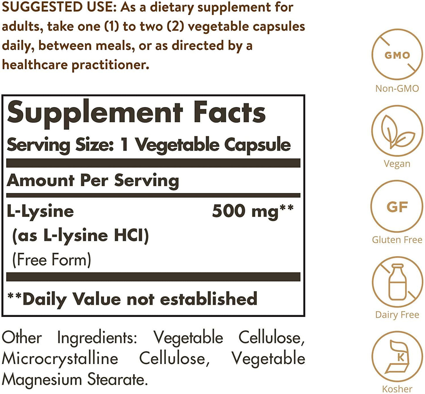 Solgar L-Lysine 500 mg, 100 Vegetable Capsules