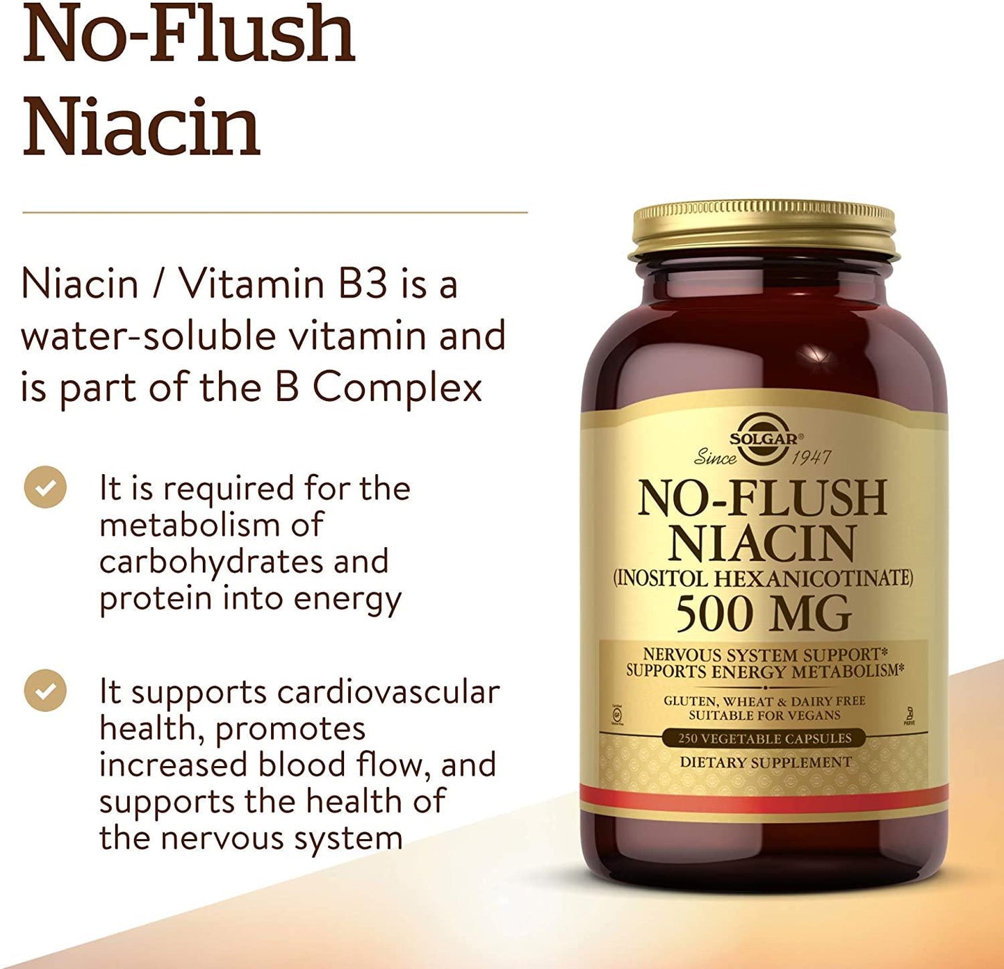 Solgar No-Flush Niacin 500 mg, 250 Vegetable Capsules - Cardiovascular Support - Supports Energy Metabolism - No-Flush Delivery - Vegan, Gluten Free, Dairy Free, Kosher - 250 Servings