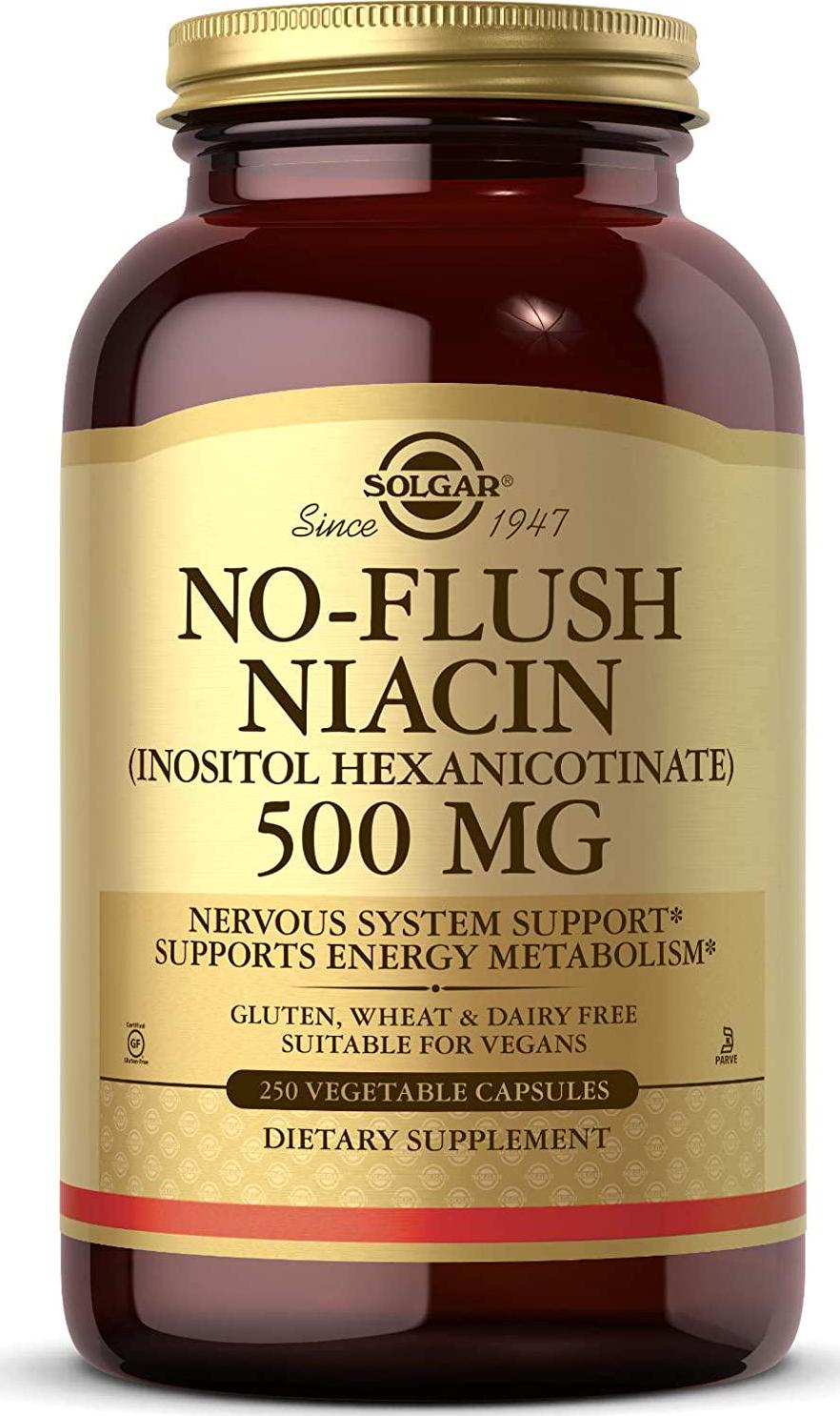 Solgar No-Flush Niacin 500 mg, 250 Vegetable Capsules - Cardiovascular Support - Supports Energy Metabolism - No-Flush Delivery - Vegan, Gluten Free, Dairy Free, Kosher - 250 Servings