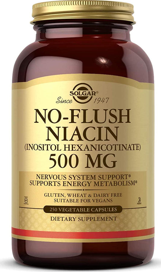 Solgar No-Flush Niacin 500 mg, 250 Vegetable Capsules - Cardiovascular Support - Supports Energy Metabolism - No-Flush Delivery - Vegan, Gluten Free, Dairy Free, Kosher - 250 Servings
