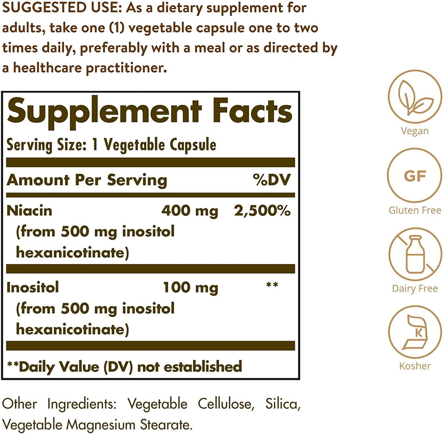Solgar No-Flush Niacin 500 mg, 250 Vegetable Capsules - Cardiovascular Support - Supports Energy Metabolism - No-Flush Delivery - Vegan, Gluten Free, Dairy Free, Kosher - 250 Servings