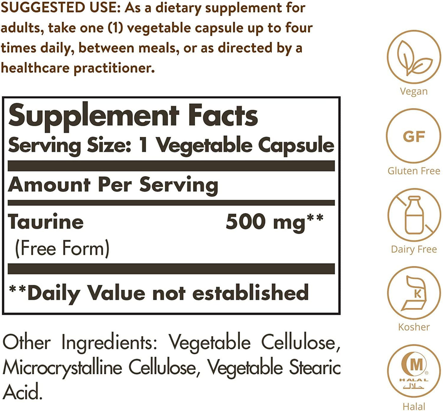 Solgar Taurine 500 mg, 100 Vegetable Capsules