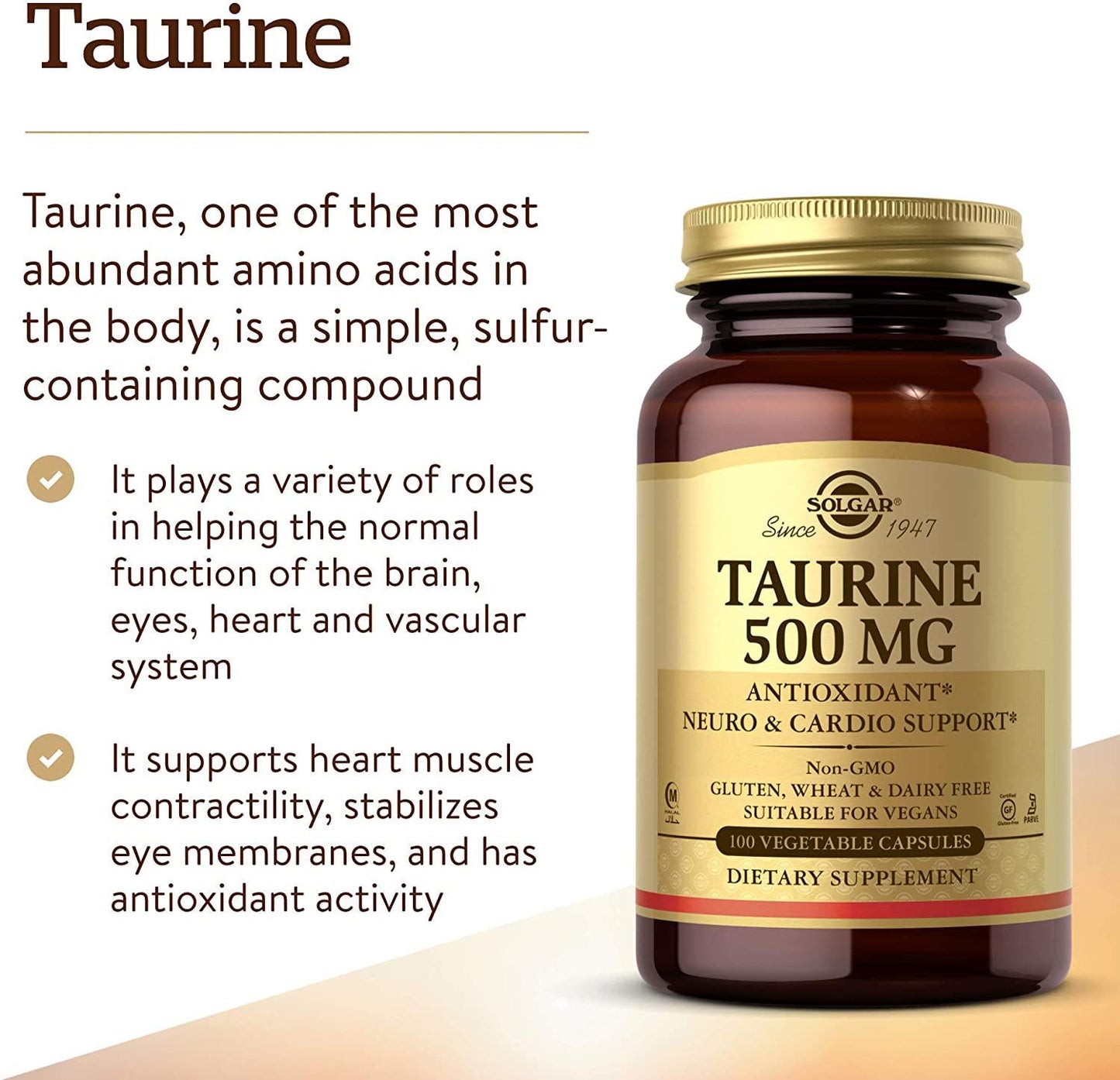 Solgar Taurine 500 mg, 100 Vegetable Capsules