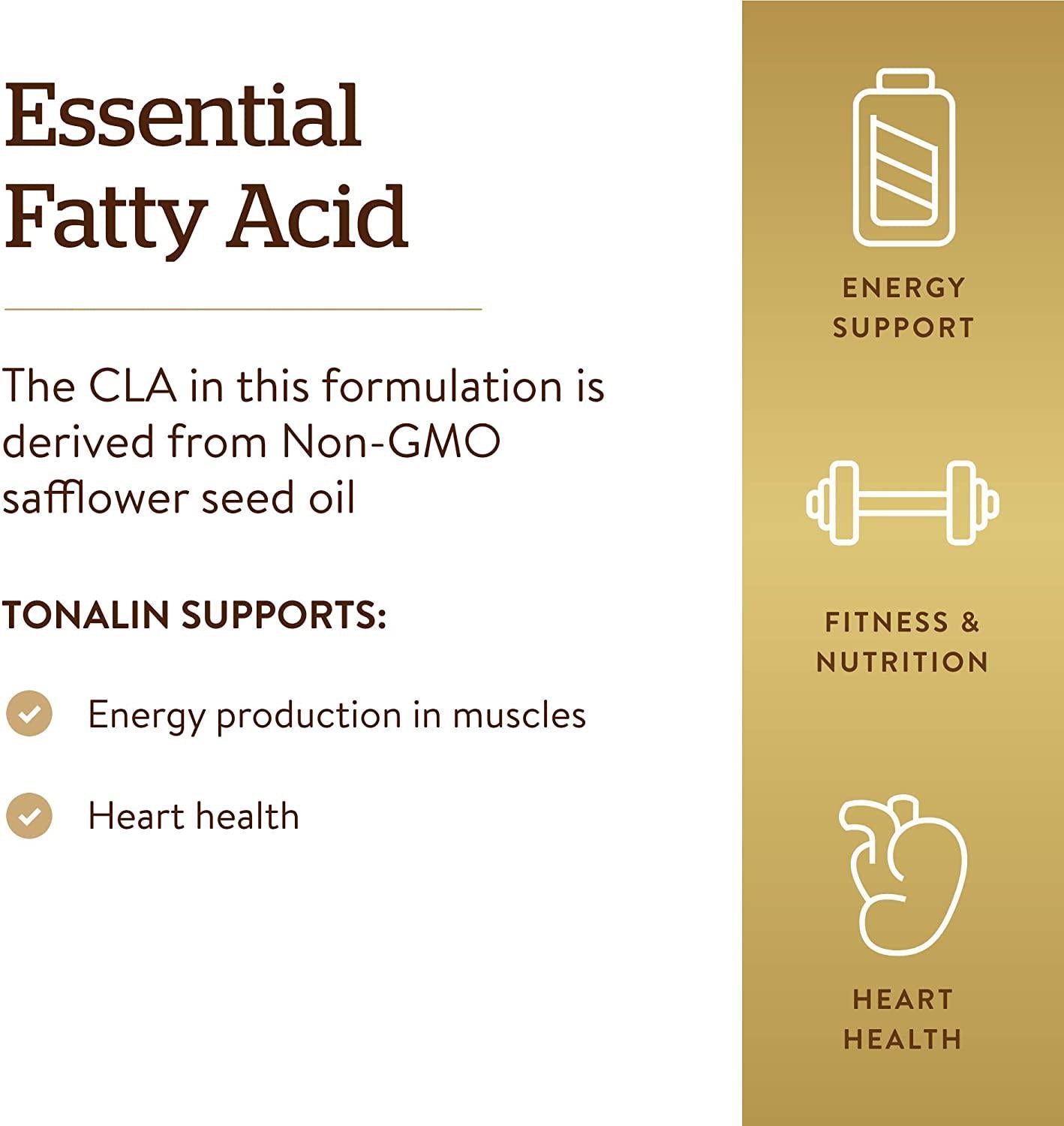 Solgar Tonalin CLA 1300 mg, 60 Softgels - Essential Omega-6 Fatty Acid - Derived from Non-GMO Safflower Seed Oil - Gluten Free, Dairy Free - 60 Servings