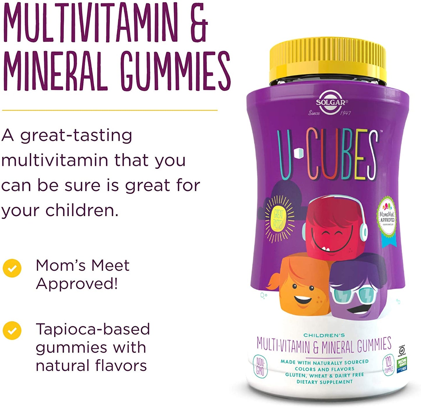 Solgar U-Cubes Children's Multi-Vitamin and Minerals, 120 Gummies - Pack of 2 - 3 Great-Tasting Flavors, Grape, Orange and Cherry - Ages 2 and Up - Non-GMO, Gluten Free, Dairy Free - 120 Total Servings