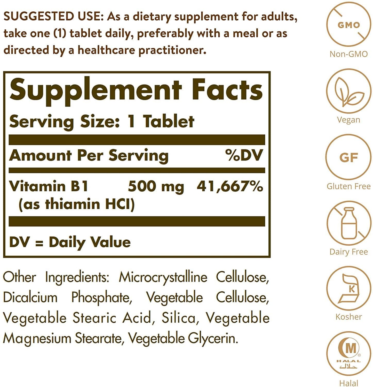 Solgar - Vitamin B1 (Thiamin) 500 mg Tablets 100 Count