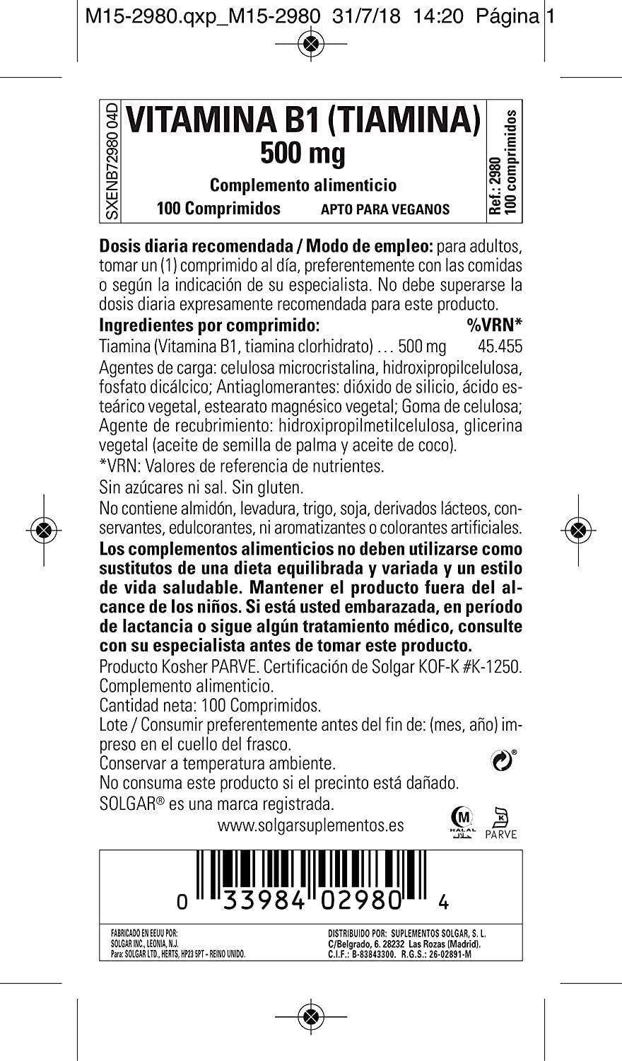 Solgar - Vitamin B1 (Thiamin) 500 mg Tablets 100 Count