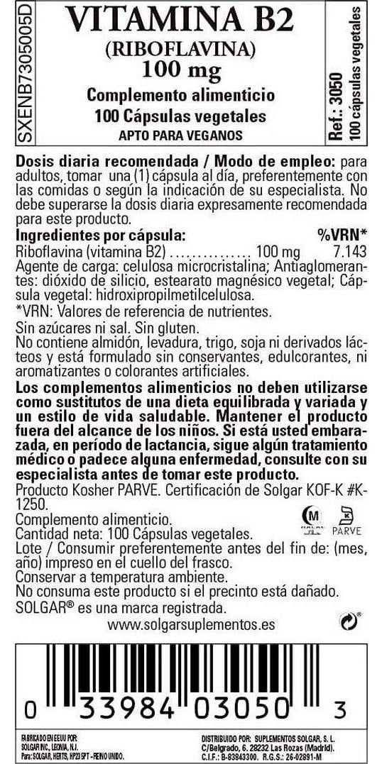 Solgar - Vitamin B2 (Riboflavin) 100 mg. - 100 Vegetarian Capsules