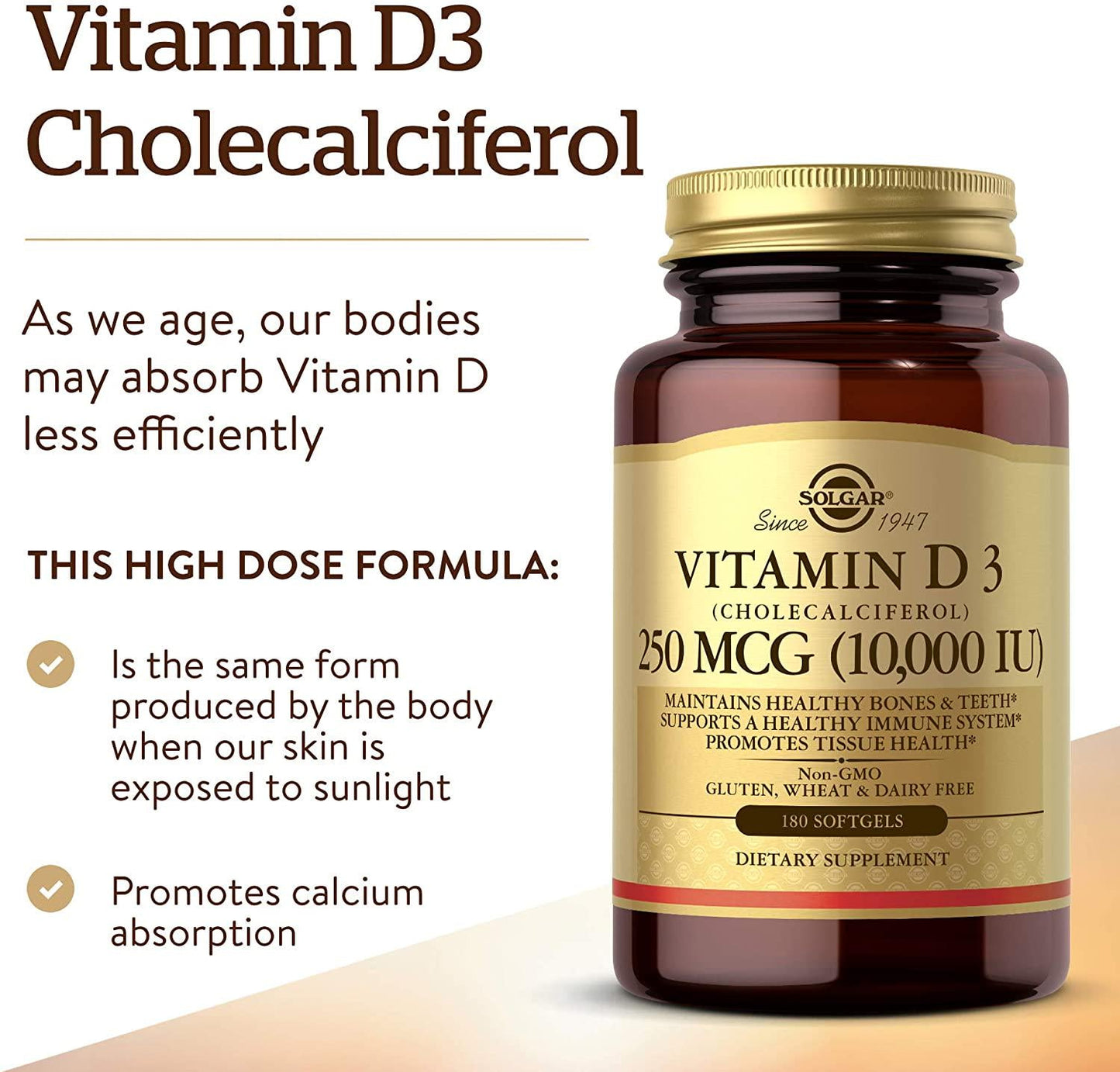 Solgar Vitamin D3 Cholecalciferol 250 MCG 10000 IU Softgels Helps Maintain Healthy Bones Teeth Immune System Support Non GMO Gluten Free Dairy Free Servings, 180 Count