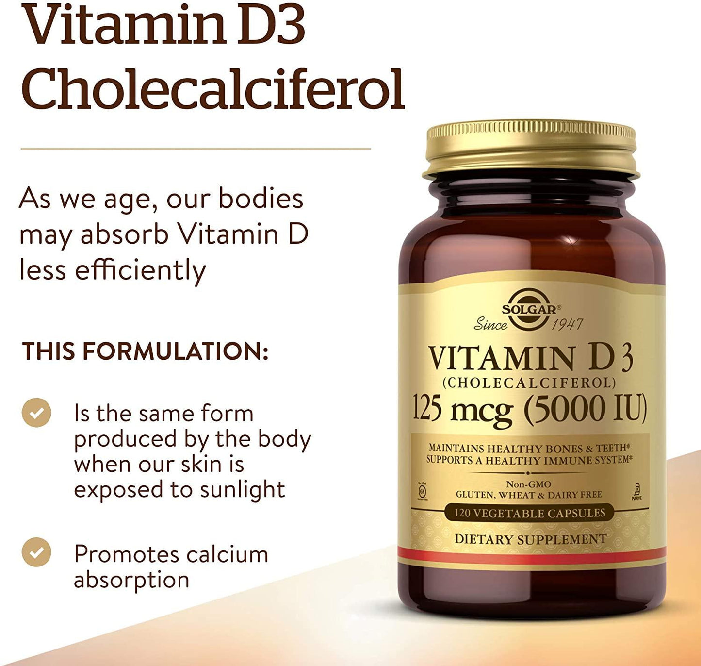 Solgar - Vitamin D3 (Cholecalciferol) 5000 IU Vegetable Capsules 120 Count