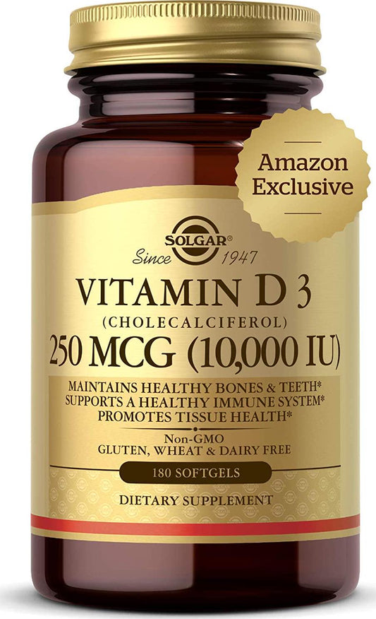 Solgar Vitamin D3 Cholecalciferol 250 MCG 10000 IU Softgels Helps Maintain Healthy Bones Teeth Immune System Support Non GMO Gluten Free Dairy Free Servings, 180 Count