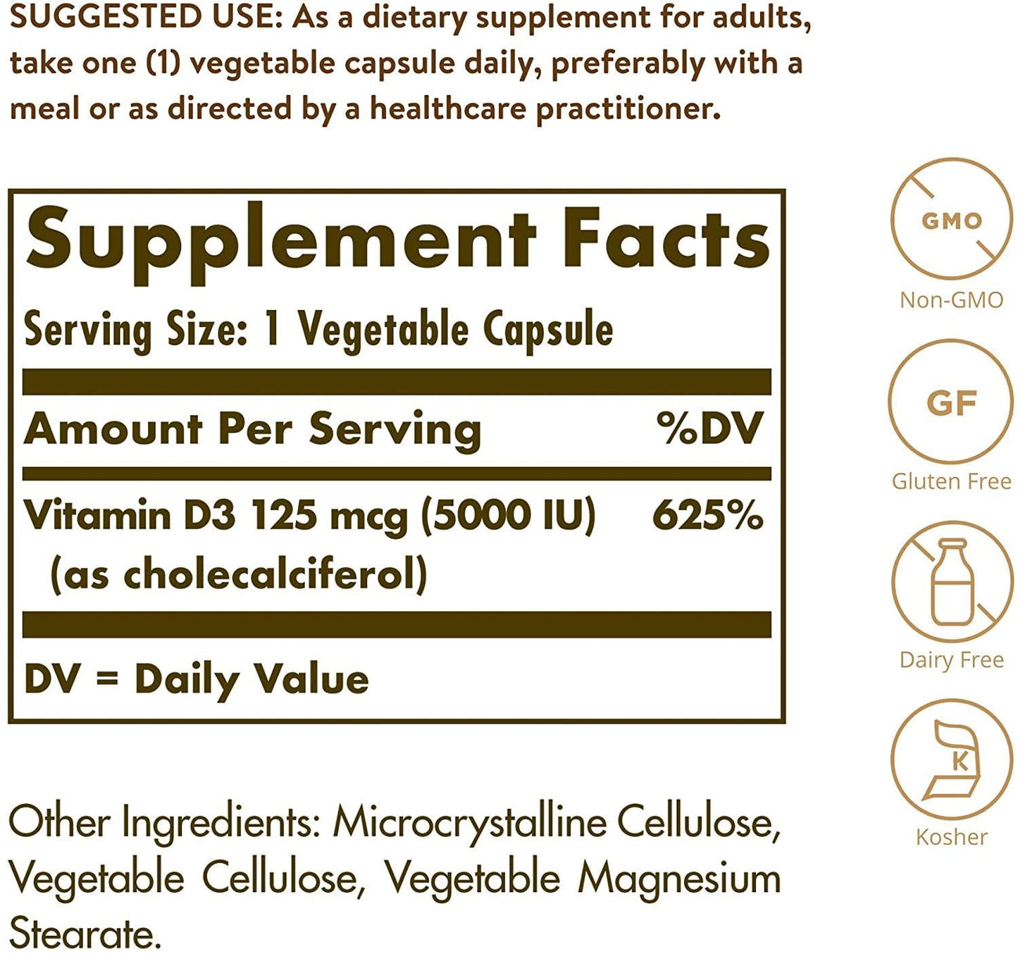 Solgar - Vitamin D3 (Cholecalciferol) 5000 IU Vegetable Capsules 120 Count