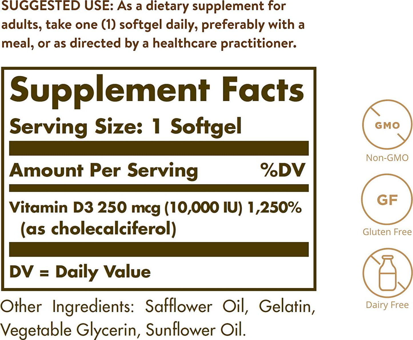 Solgar Vitamin D3 Cholecalciferol 250 MCG 10000 IU Softgels Helps Maintain Healthy Bones Teeth Immune System Support Non GMO Gluten Free Dairy Free Servings, 180 Count