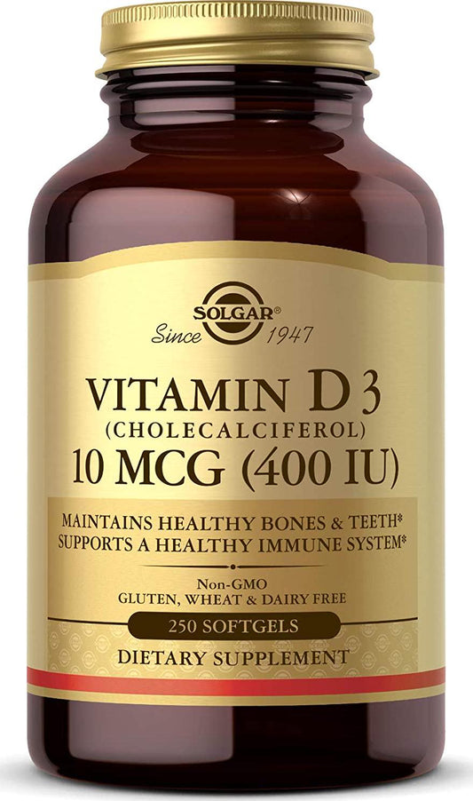 Solgar Vitamin D3 (Cholecalciferol) 10 MCG (400 IU), 250 Softgels - Helps Maintain Healthy Bones and Teeth - Immune System Support - Non-GMO, Gluten Free, Dairy Free - 250 Servings