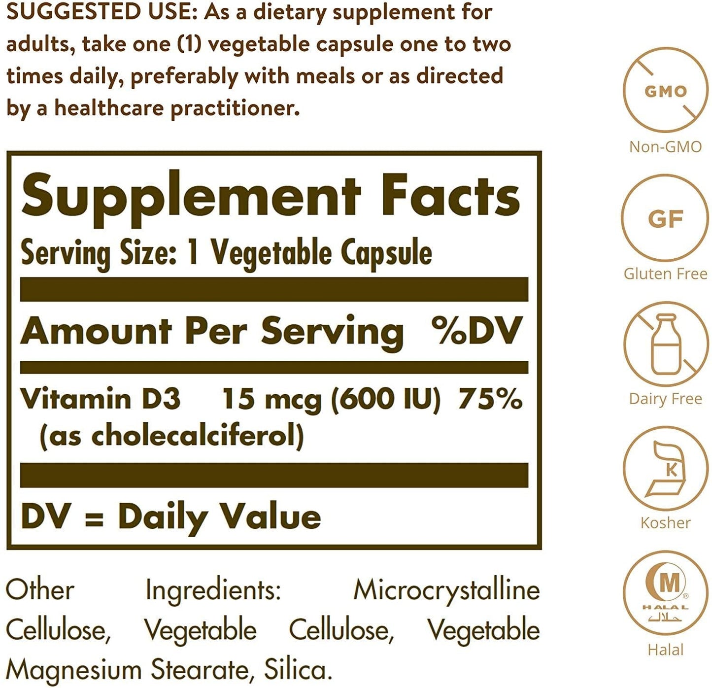 Solgar - Vitamin D3 (Cholecalciferol) 600 IU Vegetable Capsules 120 Count
