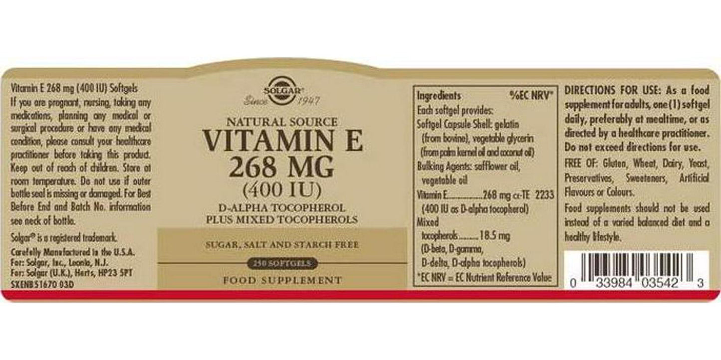 Solgar Vitamin E 400 IU Mixed Softgels D-Alpha Tocopherol and Mixed Tocopherols, 250 Count