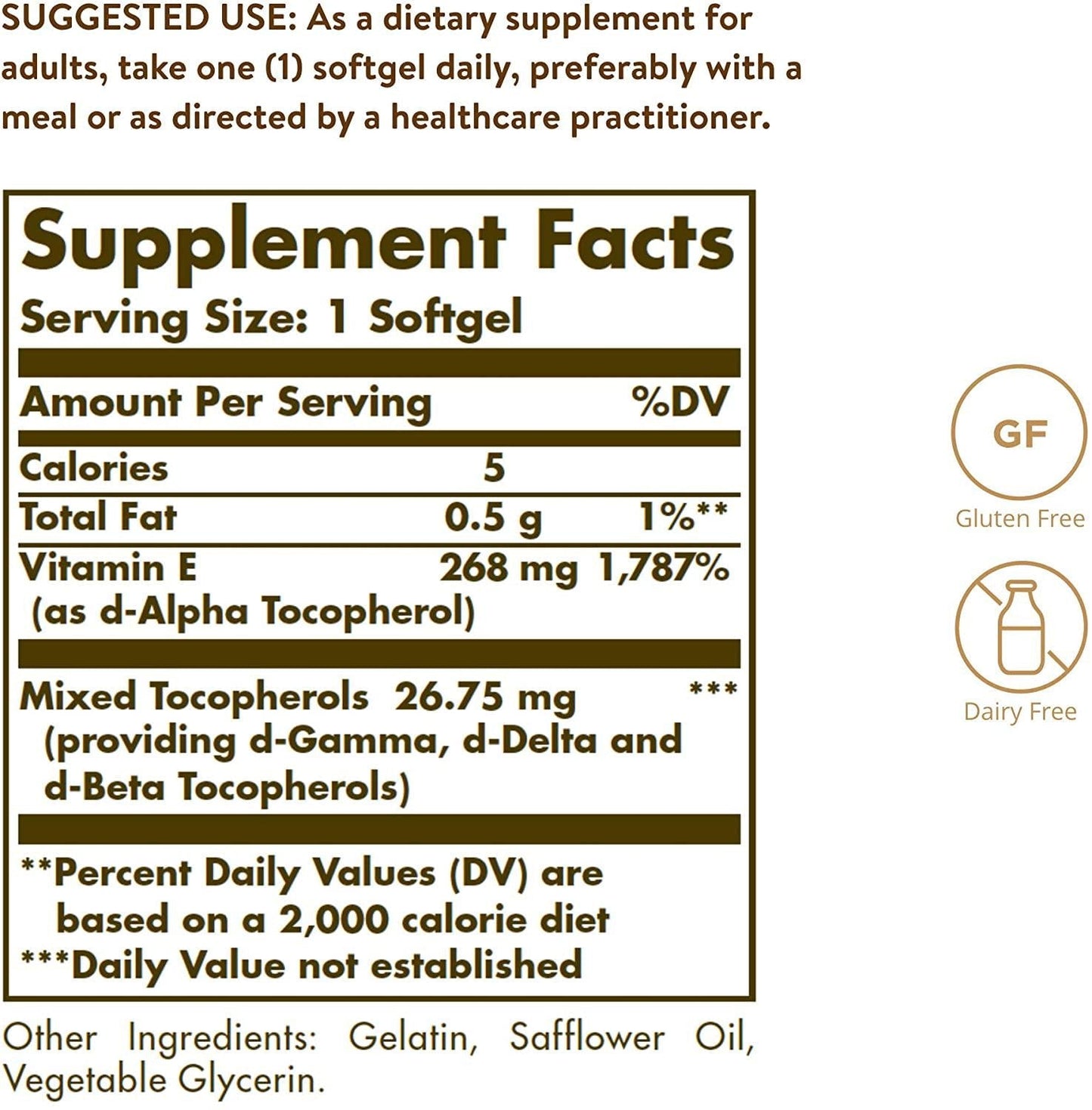 Solgar Vitamin E 400 IU Mixed Softgels D-Alpha Tocopherol and Mixed Tocopherols, 250 Count