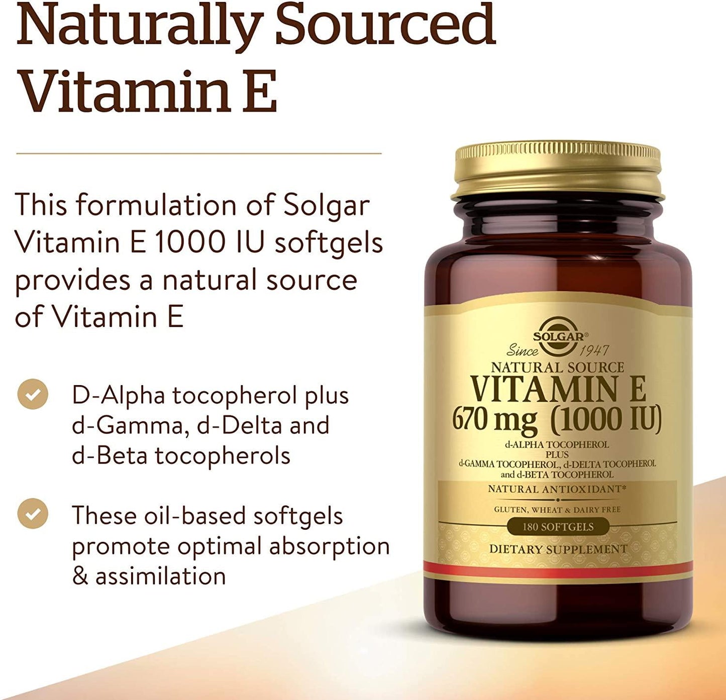 Solgar Vitamin E 670 mg 1000 IU Mixed Softgels Natural Antioxidant Skin Immune System Support NaturallySourced Vitamin E Gluten Free Dairy Free Servings, 180 Count