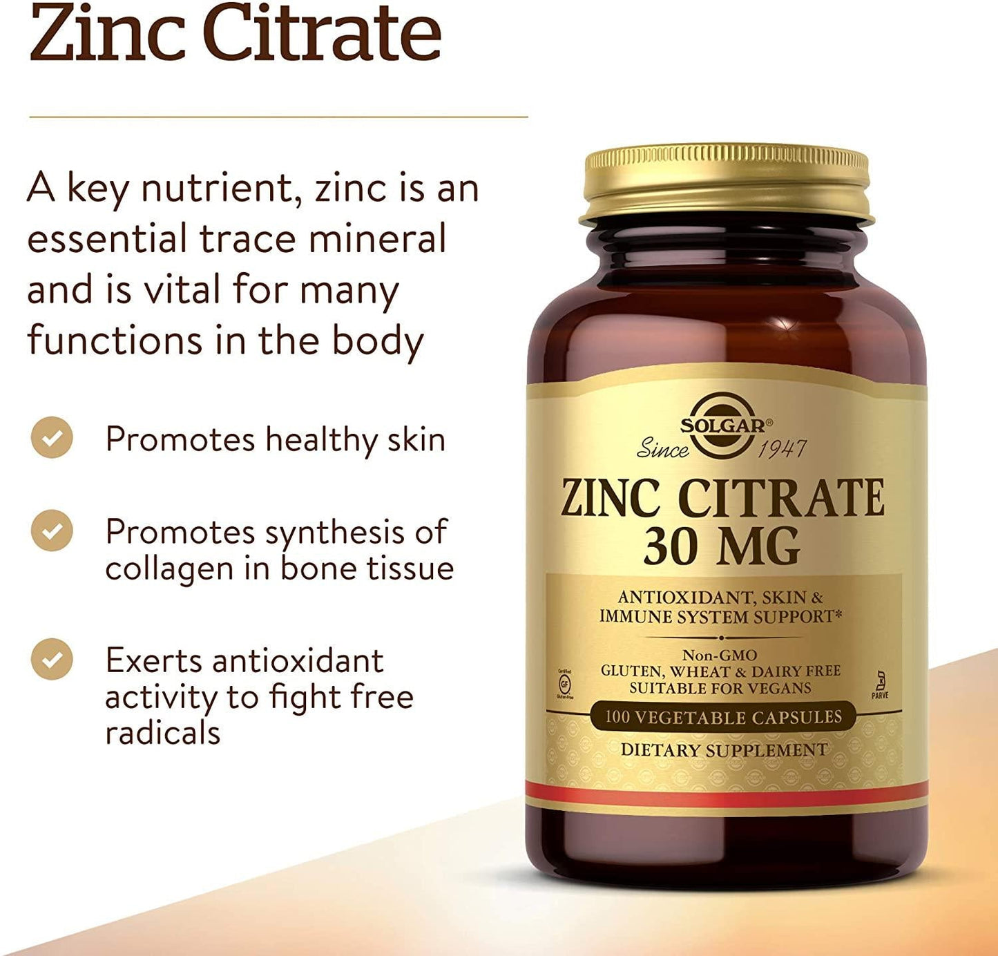Solgar - Zinc Citrate 30 mg. - 100 Vegetarian Capsules
