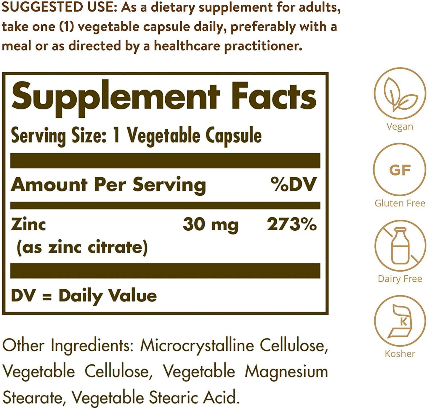 Solgar - Zinc Citrate 30 mg. - 100 Vegetarian Capsules
