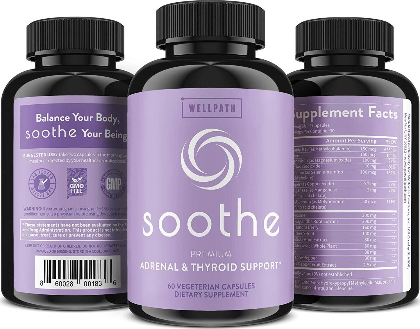 Soothe Thyroid Support and Adrenal Support Supplement - 2 in 1 Natural Vegan Formula to Support Energy, Metabolism, Adrenal Fatigue Relief, Stress Response, and Cortisol Balance