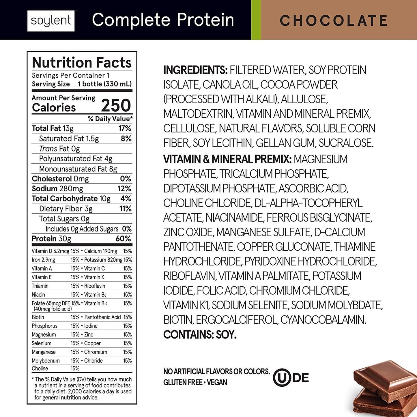 Soylent Complete Protein Gluten-Free Vegan Protein Meal Replacement Shake, Chocolate, 11 Oz (Pack of 12)