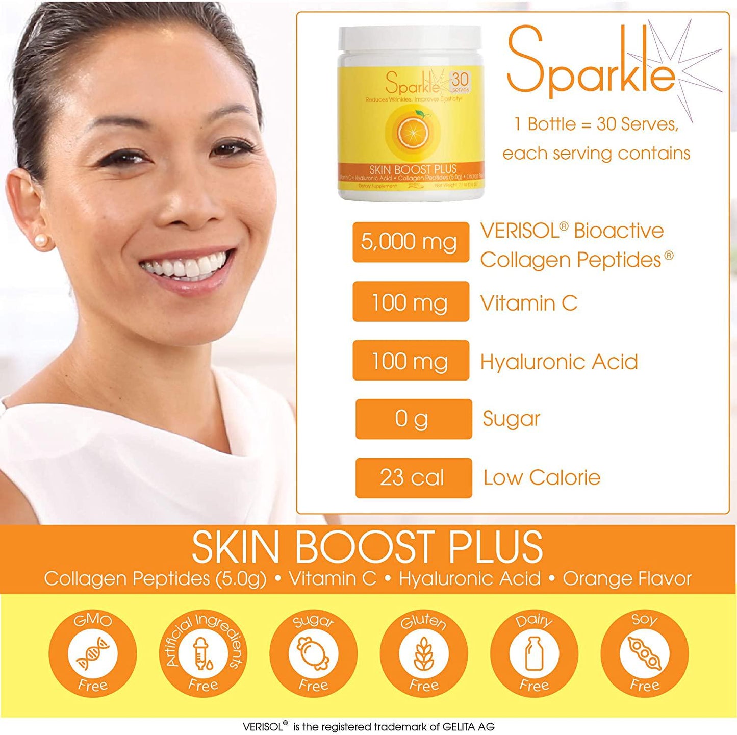 Sparkle Skin Boost Plus Verisol Collagen Peptides Protein Powder Vitamin C Orange Plus Supplement Drink, 8.1 oz