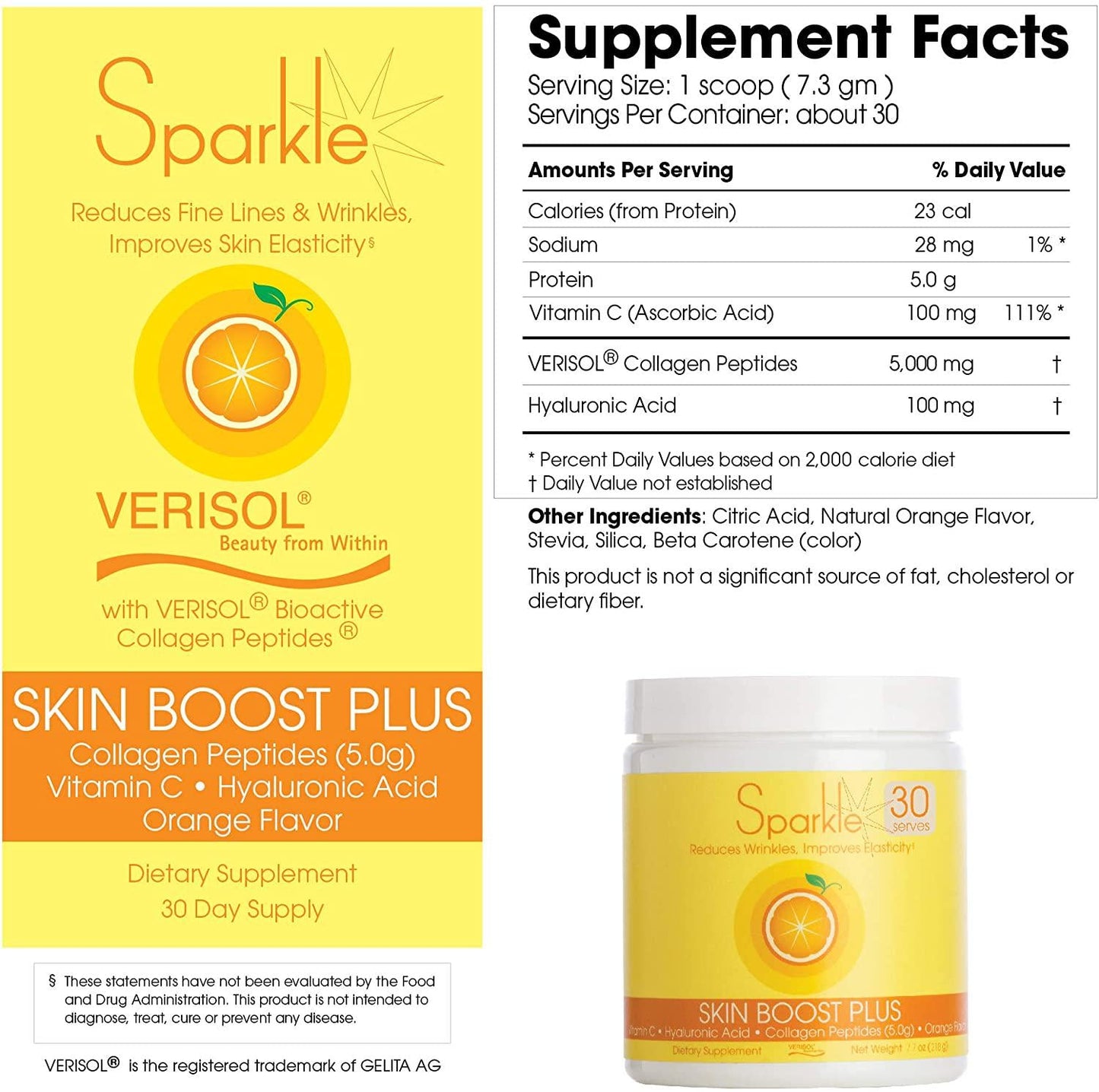 Sparkle Skin Boost Plus Verisol Collagen Peptides Protein Powder Vitamin C Orange Plus Supplement Drink, 8.1 oz