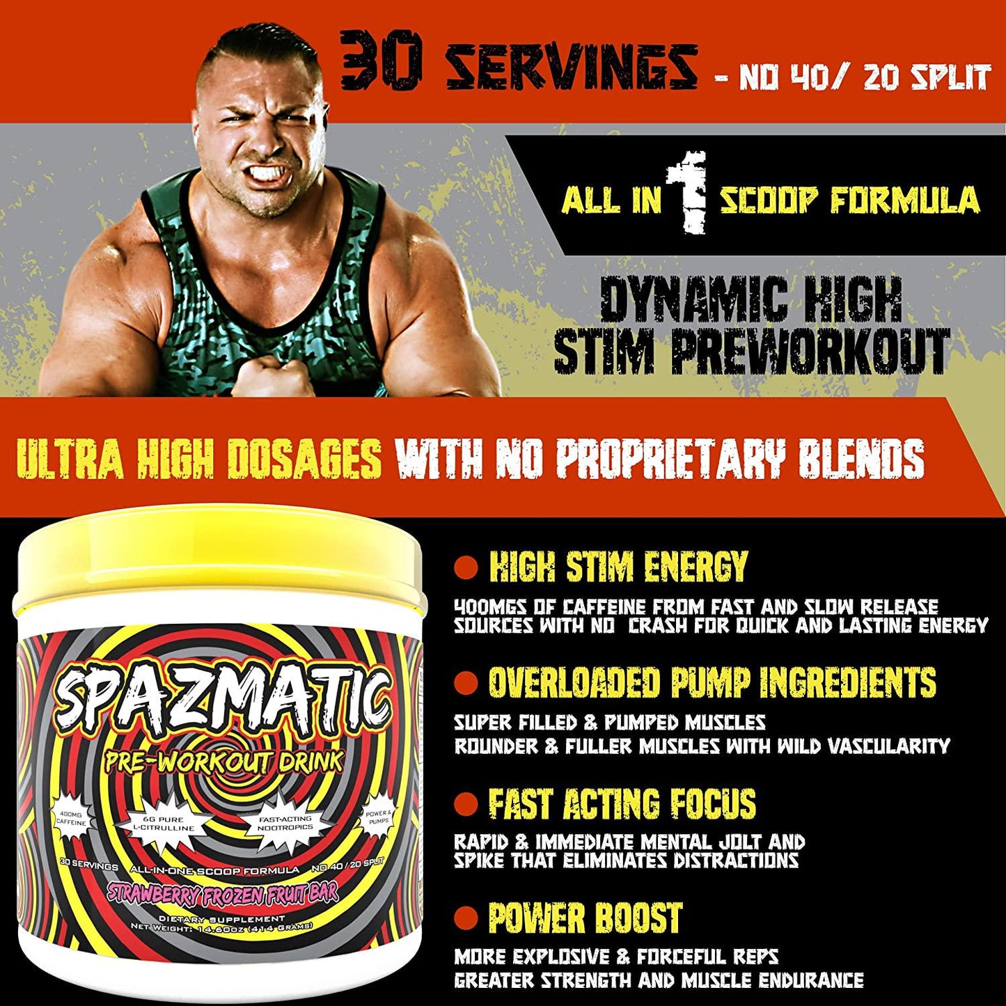 Spazmatic Pre-Workout Powder - 400mgs Caffeine - 6 Grams Pure Citrulline for Muscle Pumps- Fast Acting Focus - 30 Full Servings - All-In-1-Scoop Formula