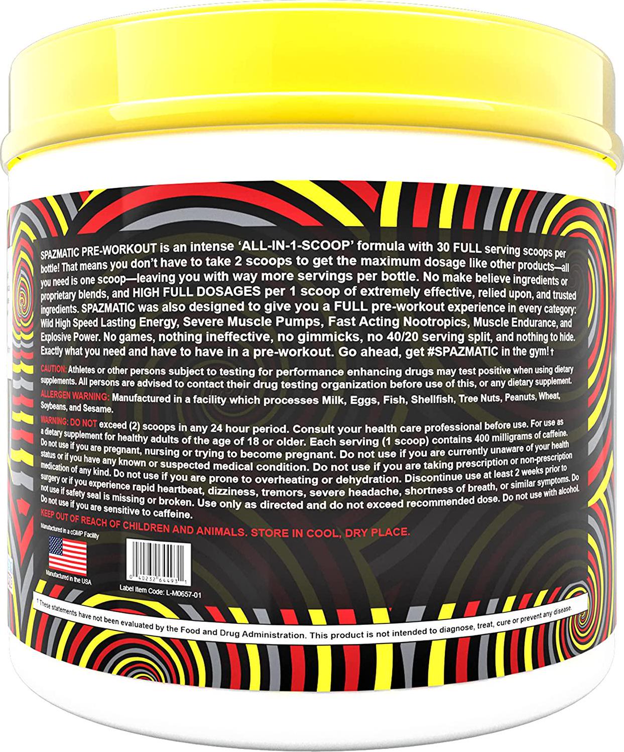 Spazmatic Pre-Workout Powder - 400mgs Caffeine - 6 Grams Pure Citrulline for Muscle Pumps- Fast Acting Focus - 30 Full Servings - All-In-1-Scoop Formula