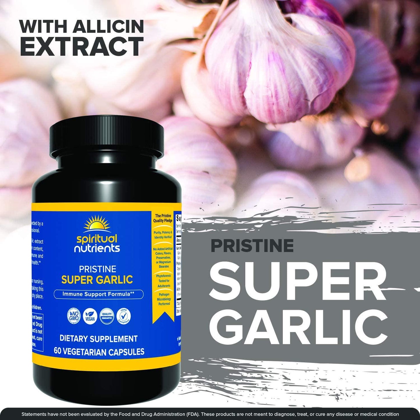 Spiritual Nutrients Pristine Super Garlic with Allicin Extract | Immune and Cardiovascular Health Support | Non-GMO, Vegan | 60 Capsules