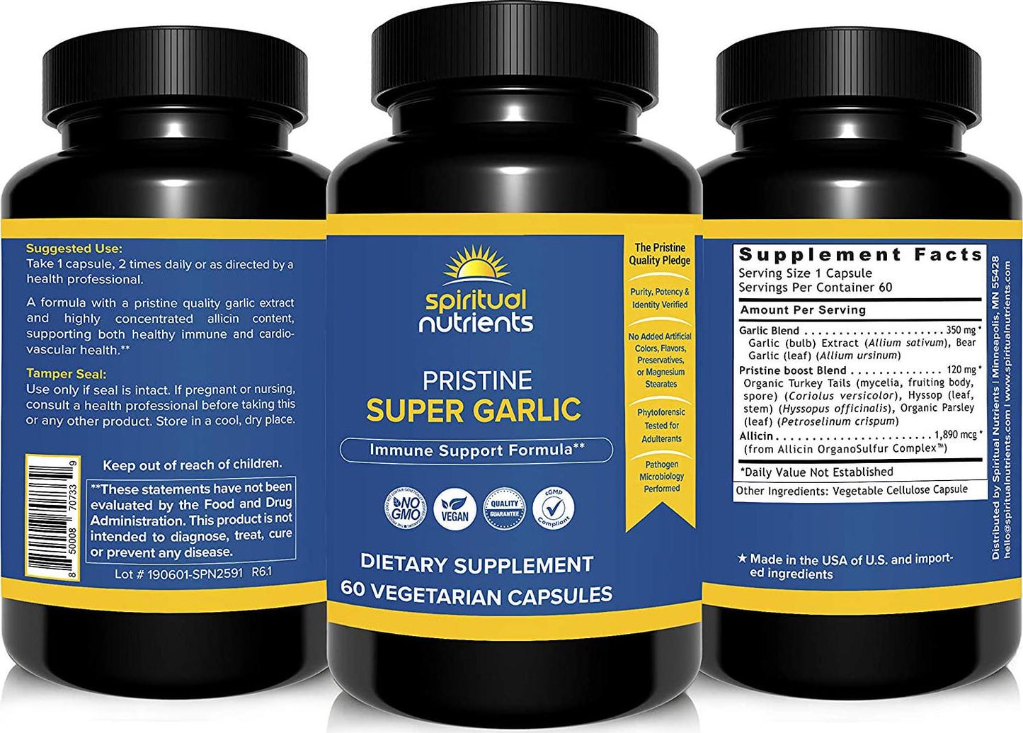 Spiritual Nutrients Pristine Super Garlic with Allicin Extract | Immune and Cardiovascular Health Support | Non-GMO, Vegan | 60 Capsules