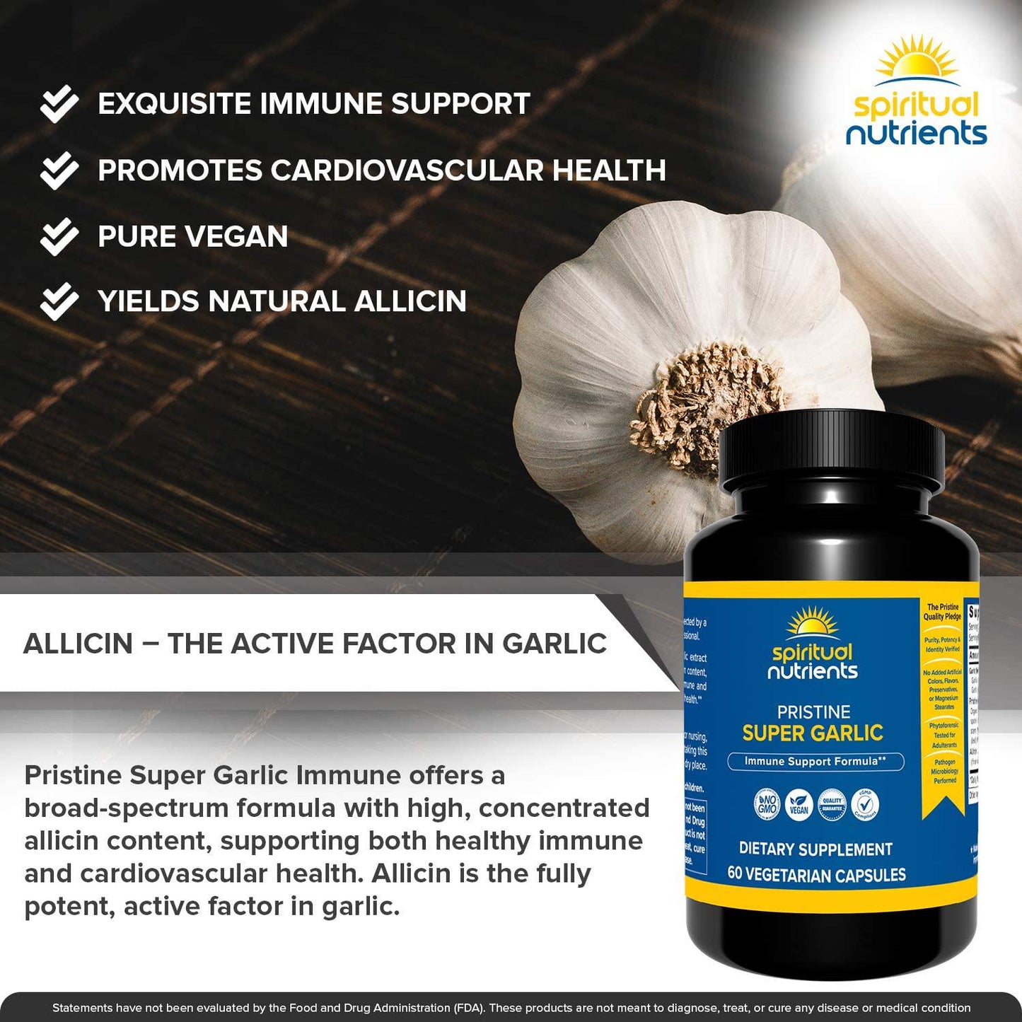 Spiritual Nutrients Pristine Super Garlic with Allicin Extract | Immune and Cardiovascular Health Support | Non-GMO, Vegan | 60 Capsules
