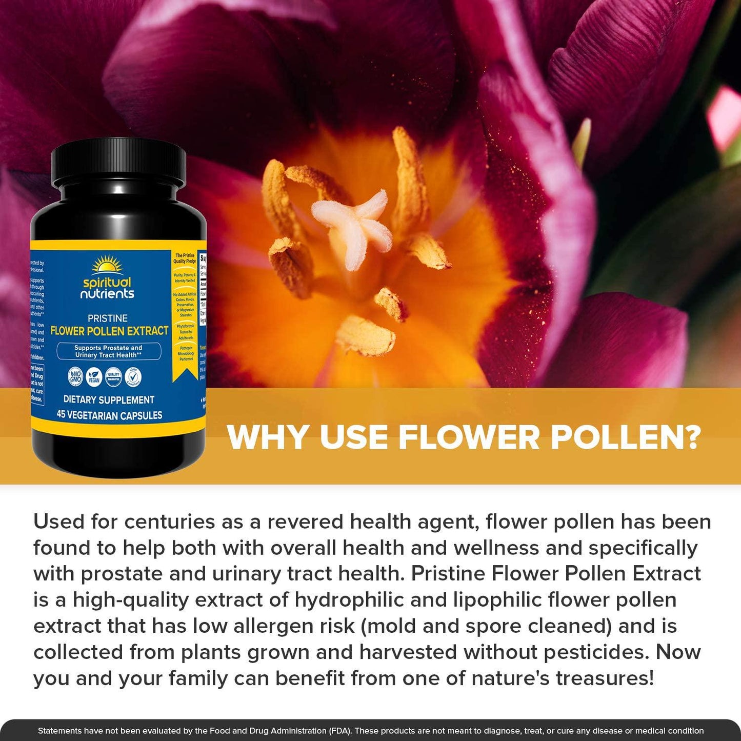Spiritual Nutrients Pristine Flower Pollen Extract | Prostate and Urinary Tract Health Support | Non-GMO, Vegan | 45 Capsules