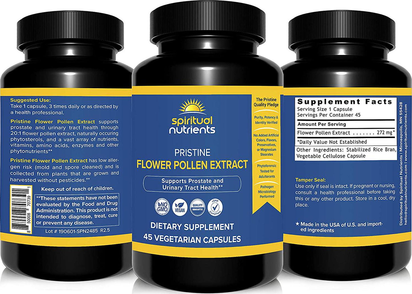 Spiritual Nutrients Pristine Flower Pollen Extract | Prostate and Urinary Tract Health Support | Non-GMO, Vegan | 45 Capsules