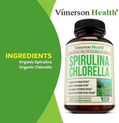 Spirulina Chlorella Organic Green Superfood Capsules. Source of Iron and Protein, Boosts Energy, Supports Cardiovascular Health. Antioxidant Properties for Detox and Cleanse