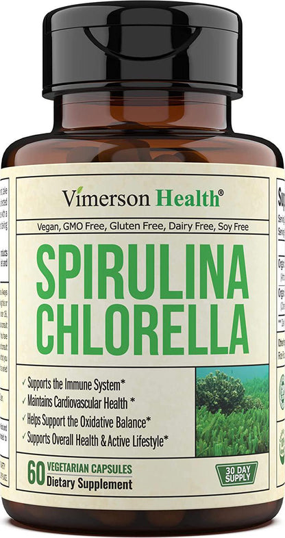 Spirulina Chlorella Organic Green Superfood Capsules. Source of Iron and Protein, Boosts Energy, Supports Cardiovascular Health. Antioxidant Properties for Detox and Cleanse