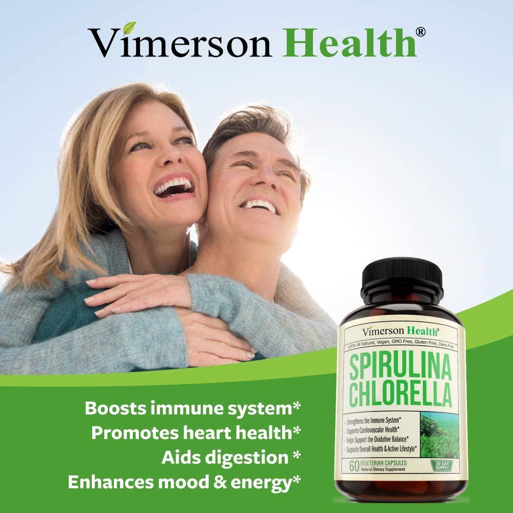 Spirulina Chlorella Organic Green Superfood Capsules. Source of Iron and Protein, Boosts Energy, Supports Cardiovascular Health. Antioxidant Properties for Detox and Cleanse