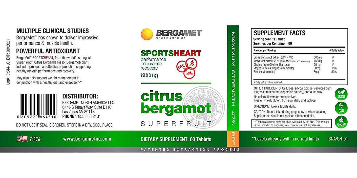 Sports Citrus Bergamot SuperFruit | Enhances Athletic Performance, Endurance and Recovery Naturally | Maintains Cardiovascular, Heart and Cholesterol Health | 47% BPF Super Strength Formula | 60 Tabs