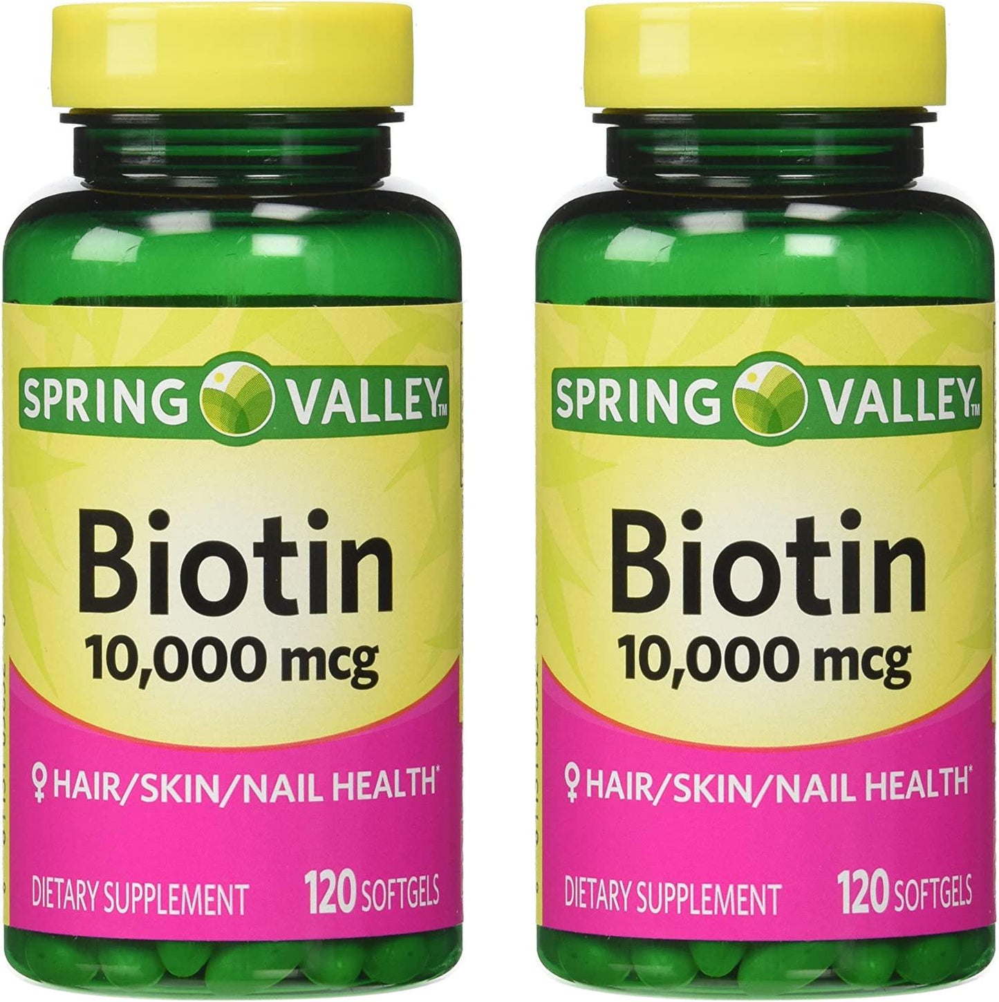 Spring Valley Biotin 10,000 mcg, 2 Bottles of 120 Softgels (2 Pack)