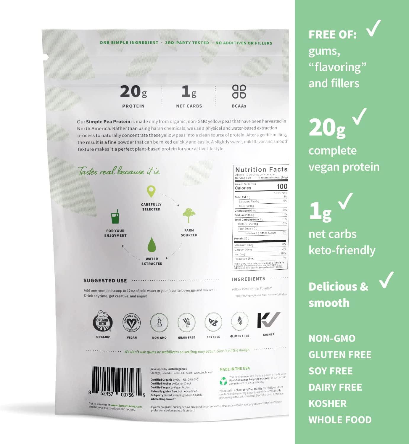 Sprout Living Organic Pea Protein Powder, 20 Grams of Plant Based Organic Protein Powder Without Artificial Sweeteners, Non Dairy, Non-GMO, Dairy Free, Vegan, Gluten Free, Keto Drink Mix (1 Pound)