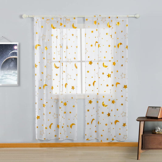 Star Moon Sheer Curtains Rod Pocket Golden Foil Print Moon Curtains White Sheer Semi Sheer Curtains (2 Panels)