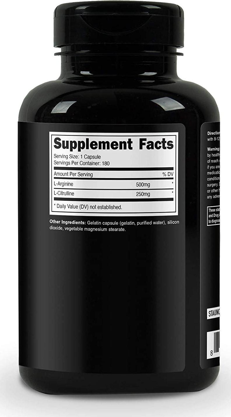 Staunch L-Arginine L-Citrulline 750mg, 180 Capsules - 500 MG / 250 MG L-Arginine L-Citrulline Complex
