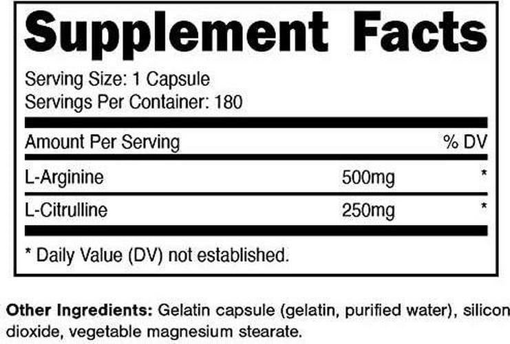 Staunch L-Arginine L-Citrulline 750mg, 180 Capsules - 500 MG / 250 MG L-Arginine L-Citrulline Complex