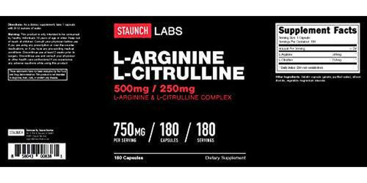 Staunch L-Arginine L-Citrulline 750mg, 180 Capsules - 500 MG / 250 MG L-Arginine L-Citrulline Complex