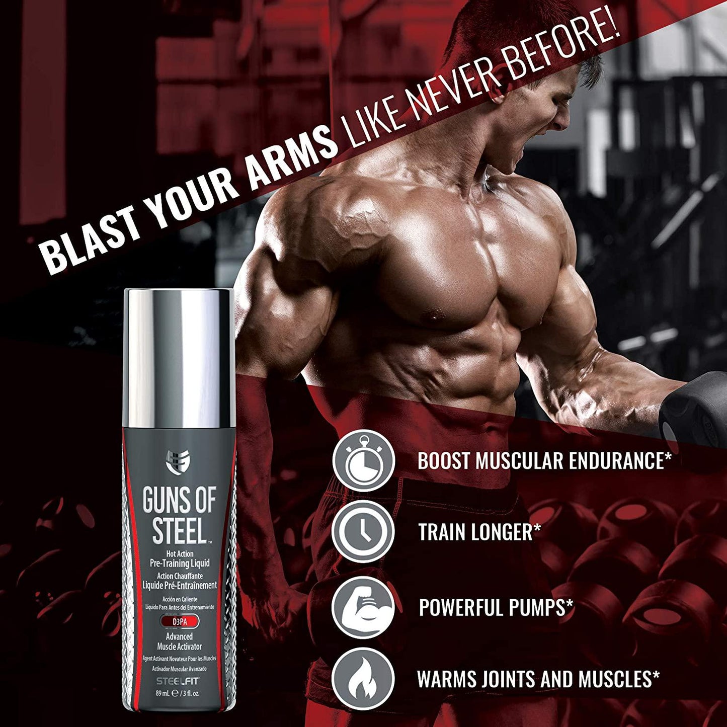 SteelFit Guns of Steel - Topical Hot Action Pre Training Liquid with D3PA - Advanced Muscle Activator - Mind Blowing Pump - Gains - Nitric Oxide - Pre Workout - Use on Biceps, Triceps - 3 fl. oz.