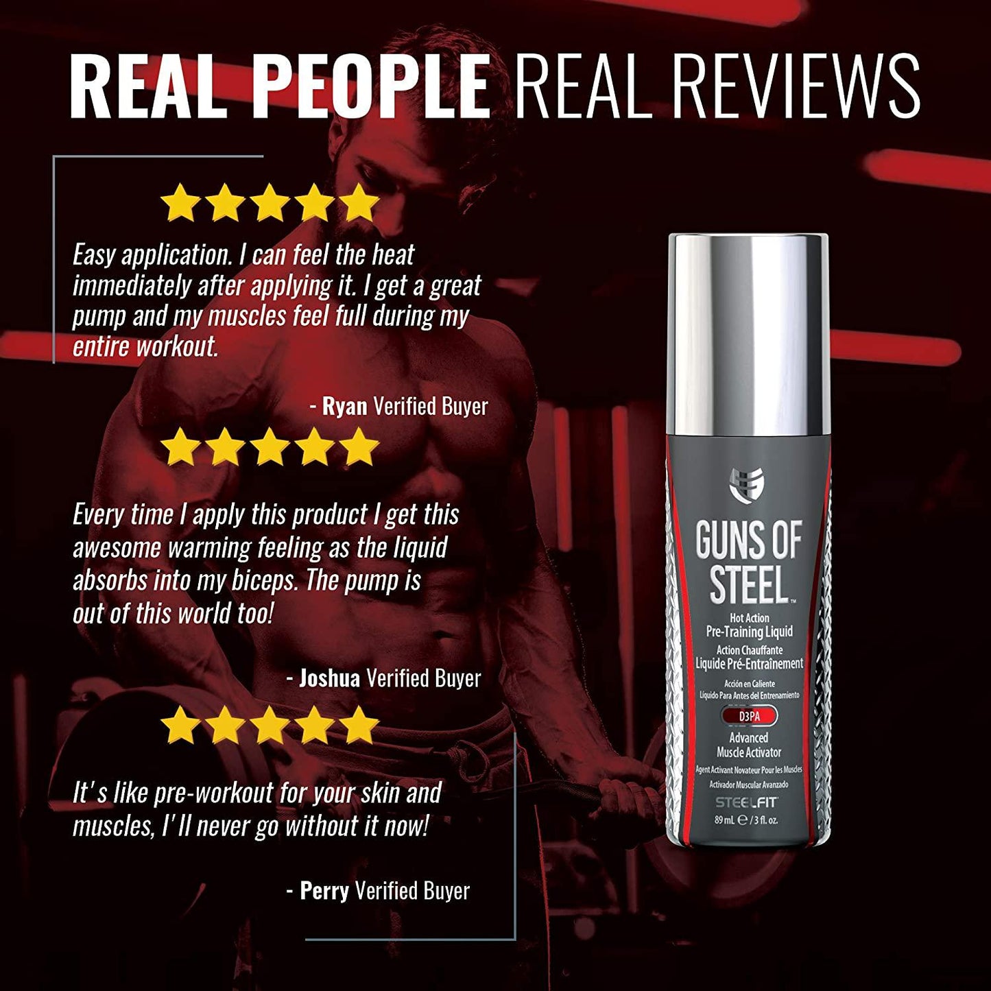 SteelFit Guns of Steel - Topical Hot Action Pre Training Liquid with D3PA - Advanced Muscle Activator - Mind Blowing Pump - Gains - Nitric Oxide - Pre Workout - Use on Biceps, Triceps - 3 fl. oz.