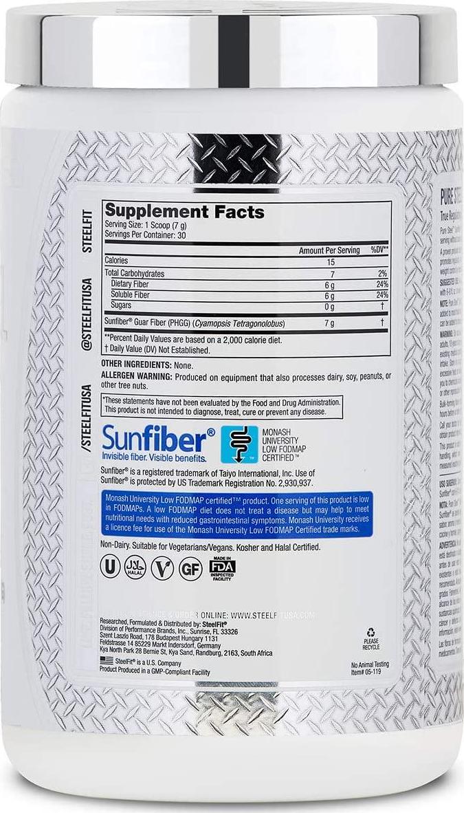SteelFit Pure Steel Sunfiber - All Natural Fiber - Supports Regularity - Promotes Digestive Health - Low FODMAP Certified - Dissolves Easily - Unflavored - Vegan - Gluten Free - 30 Servings (210 G)